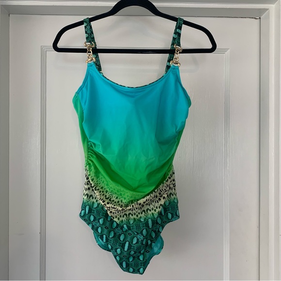 South Beach Swimsuits Womens 14 B Cup Lime Green Blue Animal Print Opera Swim - Picture 2 of 12